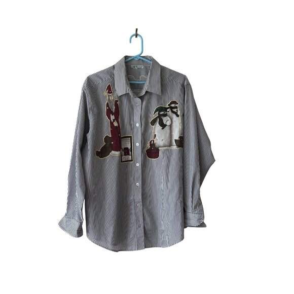 Quacker Factory Women Holiday Striped Shirt Santa Snowman Christmas Size XL - Picture 1 of 10